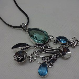 Whimsical "MINT TOPAZ & BLUE TOPAZ" Handmade Sterling FLORAL Pendant/Black Leath